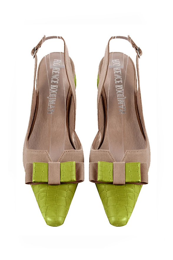 French elegance and refinement for these pistachio green and tan beige dress slingback shoes, with a knot, 
                available in many subtle leather and colour combinations. The pretty French spirit of this beautiful pump will accompany your steps nicely and comfortably.
To be personalized or not, with your materials and colors.  
                Matching clutches for parties, ceremonies and weddings.   
                You can customize these shoes to perfectly match your tastes or needs, and have a unique model.  
                Choice of leathers, colours, knots and heels. 
                Wide range of materials and shades carefully chosen.  
                Rich collection of flat, low, mid and high heels.  
                Small and large shoe sizes - Florence KOOIJMAN